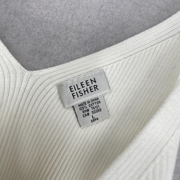 EILEEN FISHER Sweater L Cotton Tank Top Cami V-Neck Ribbed Pullover White - Picture 5 of 9
